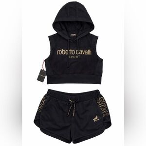 Roberto Cavalli Sport short set with cropped sleeveless hoodie, sz S NWT